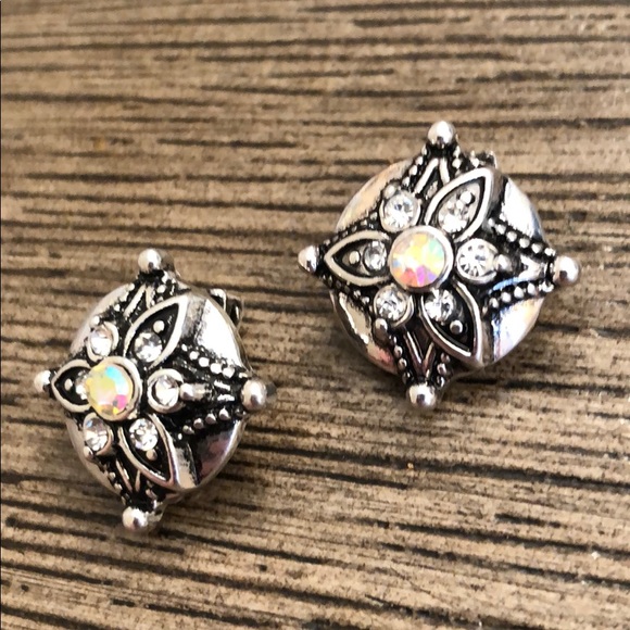 Vintage Round Clip Earrings with Rhinestone Center - Picture 4 of 12